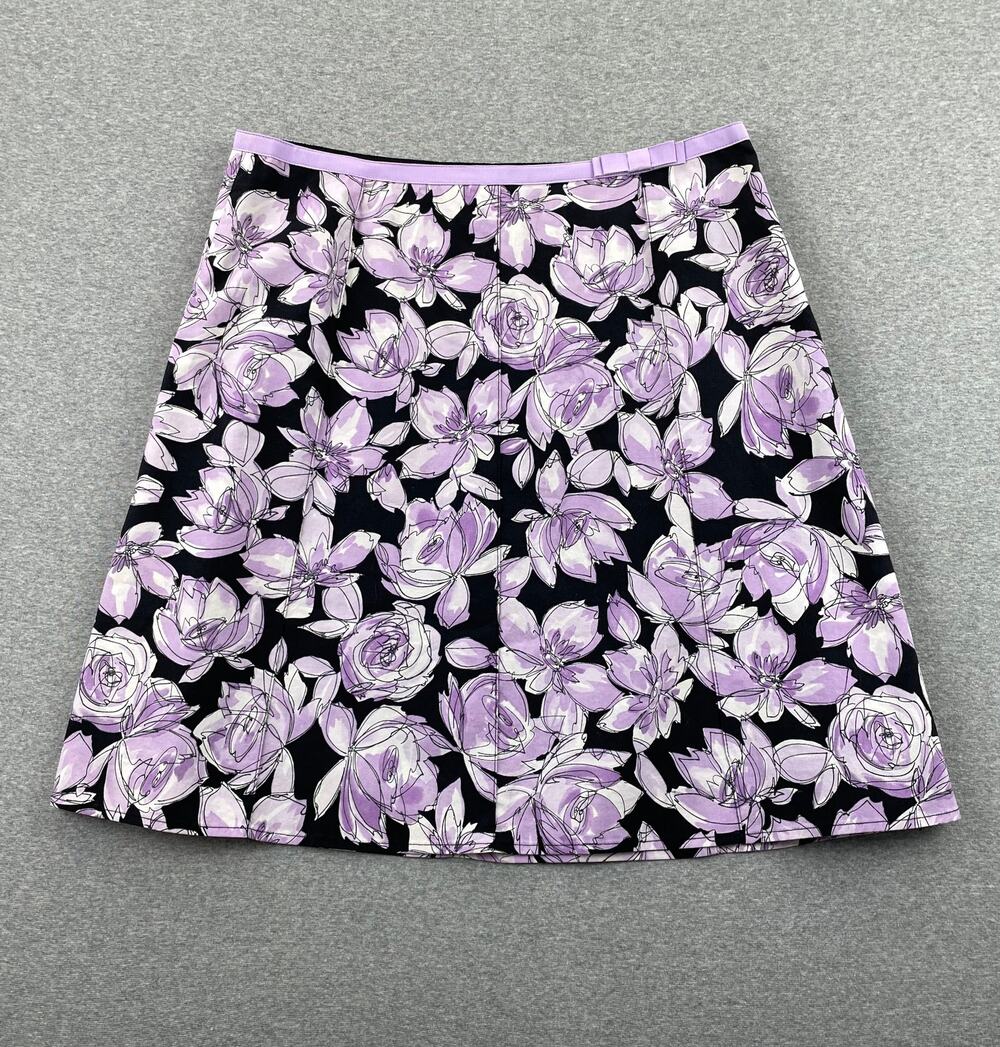 Vintage y2k Rafaella Skirt 12P Black Purple Floral A-Line Ribbon Waist w/ Bow